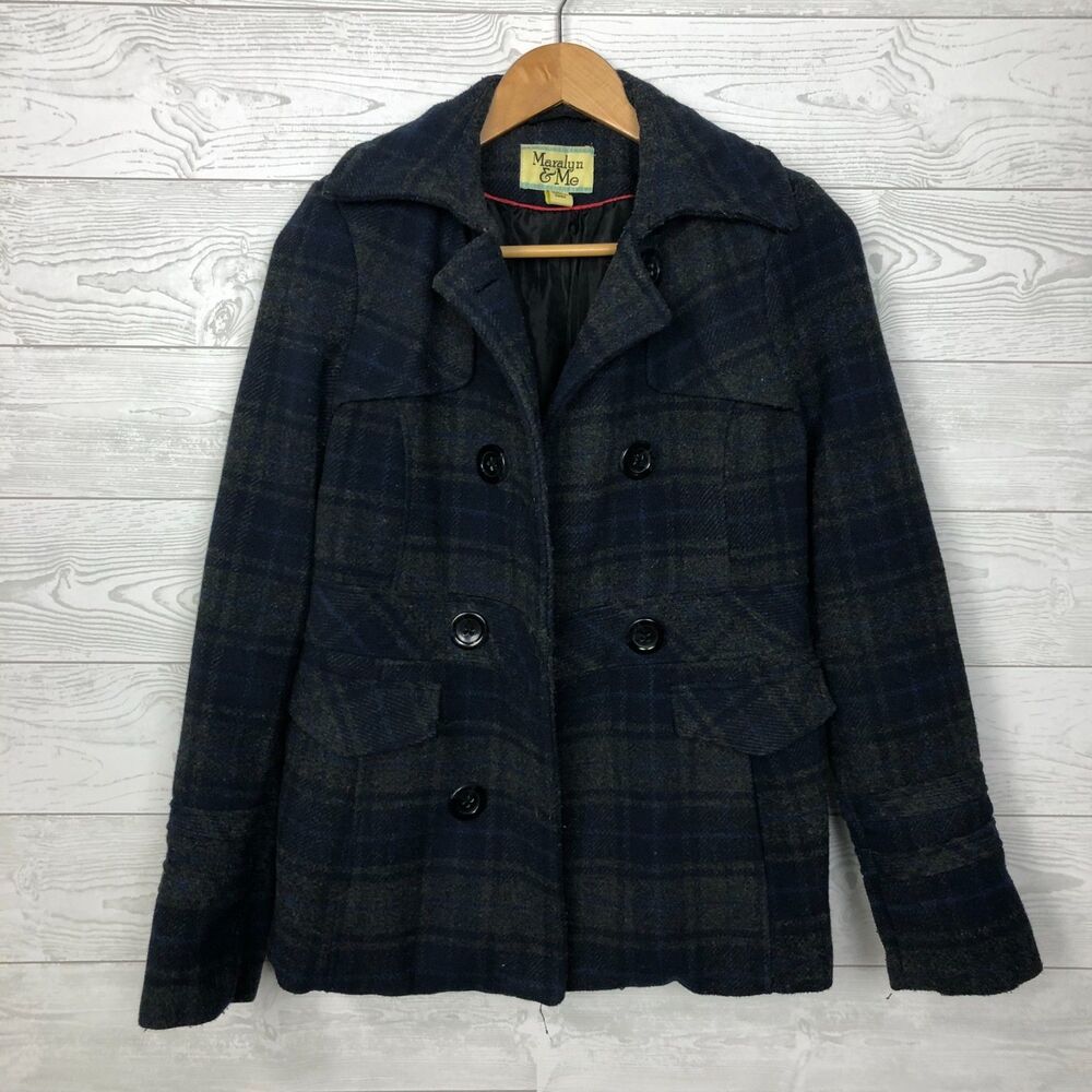 Maralyn & Me Juniors Girls Plaid Pea Coat Double Breasted Wool Blend Size Medium